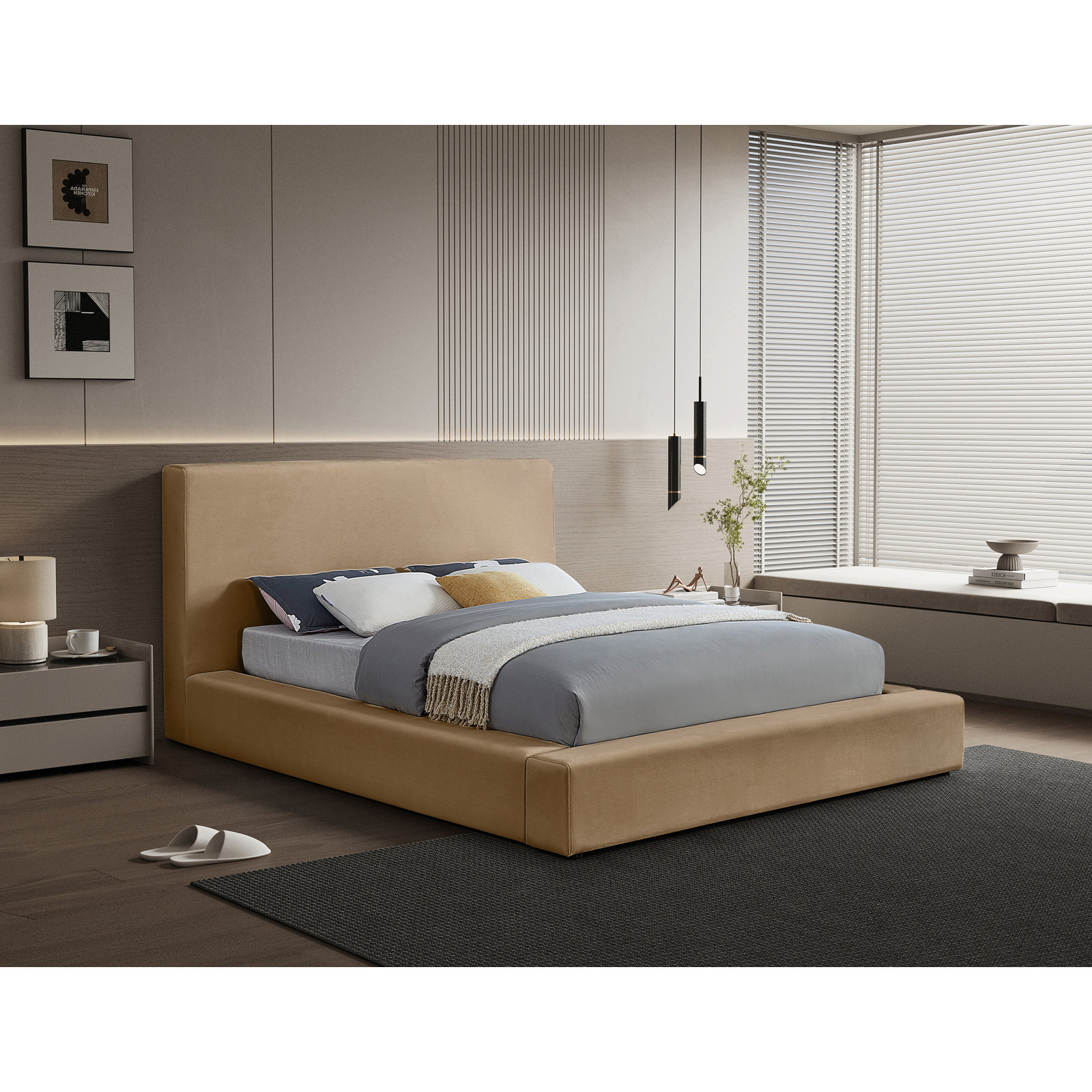 Ishia Upholstered Platform Bed, King, Beige Velvet