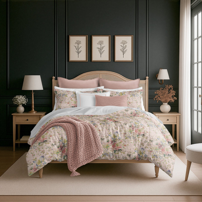 Ensemble d’édredon Faye, Édredon simple et 1 taie décorative, Rose / beige / vert floral