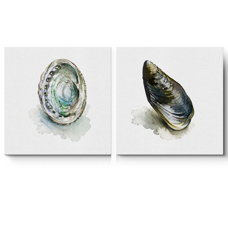 Abalone et coquille de moule, ensemble de 2 reproductions d'art encadrées sur toile encadrées bleu vert bord de mer