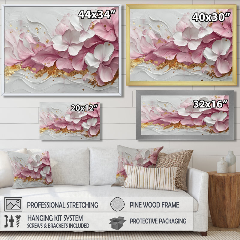 Or rose élégant veines de pétales de fleurs - art abstrait fleurs murales, Toile tendue, Ne s’applique pas, H 24 po x l 32 po