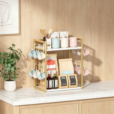 2 Tier Coffee Bar Accessories and Organizer, Multi-Functional Mug Holder with 12 Adjustable Hooks, Wood Coffee Station Shelf for Kitchen Countertop