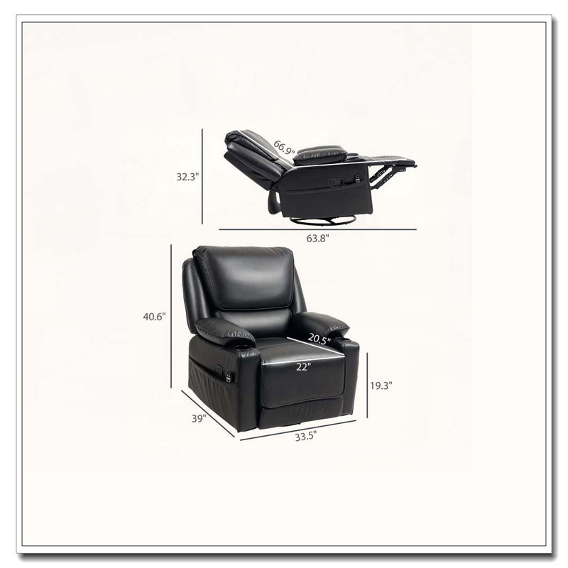 Fauteuil inclinable de massage avec télécommande pour repose-pieds et chaise berçante pivotante surdimensionnée, Noir