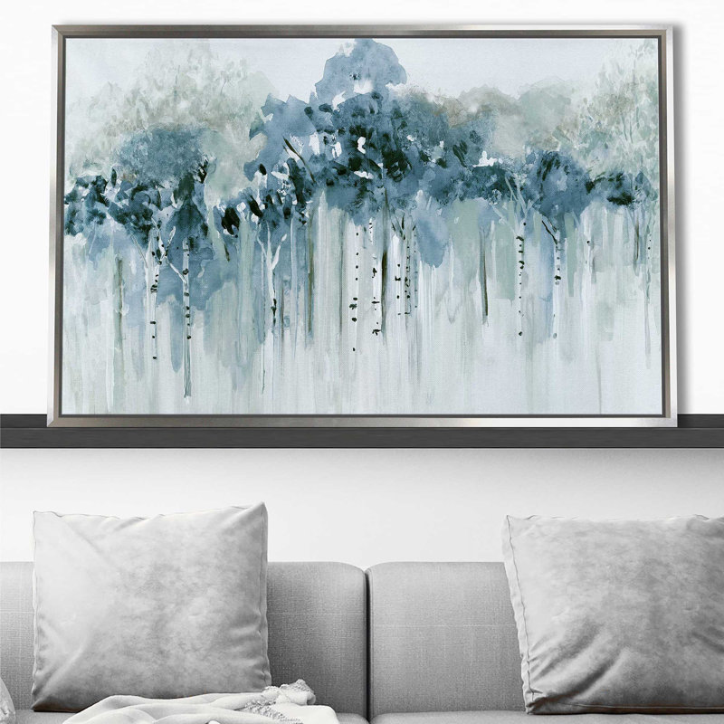 «Blue Birch Morning» par - Peinture, Cadre flottant argent, H 31,5 po x l 51,5 po x P 2 po