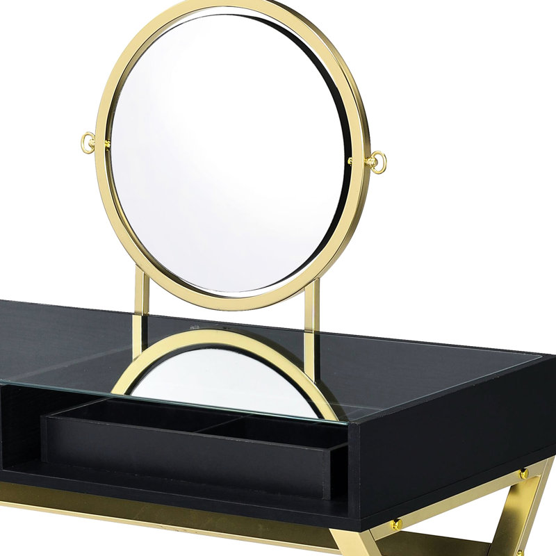 Black & Gold Vanity Desk Featuring Metal Frame, Mirror, Jewelry Tray And 2 Storage Drawers, 42 Inches Width Measurement Finish With Included 19 Deep