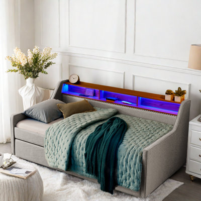 Upholstery Daybed With Trundle, Led Lights, Storage Headboard And Wireless Charging -  Orren Ellis, B6E659868B1543A3B5A1B0AA81F95D83