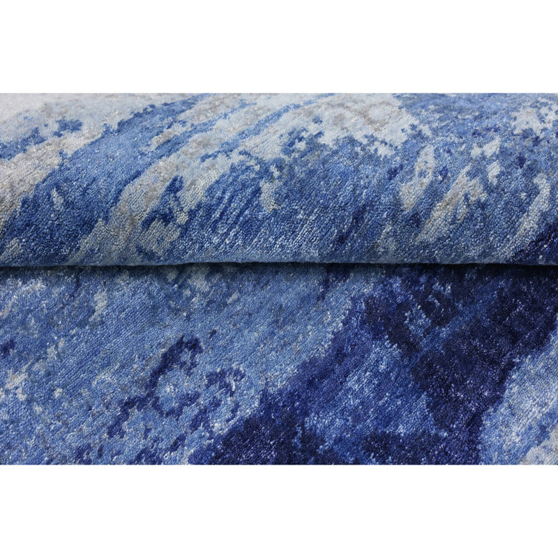 Tapis ivoire / bleu noué à la main de haute qualité, Rectangle 8 pi x 10 pi