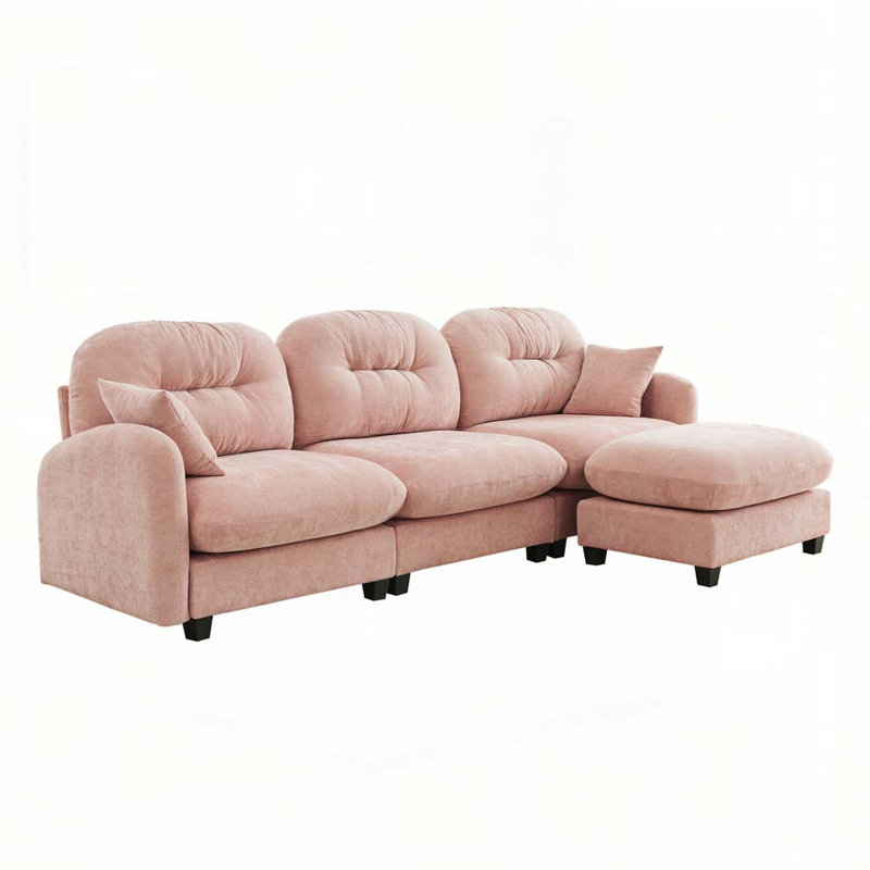 Canapé modulaire en chenille 3 places avec 2 coussins et repose-pieds, H 36,6 po x l 107 po x P 59,5 po, 3, Rose