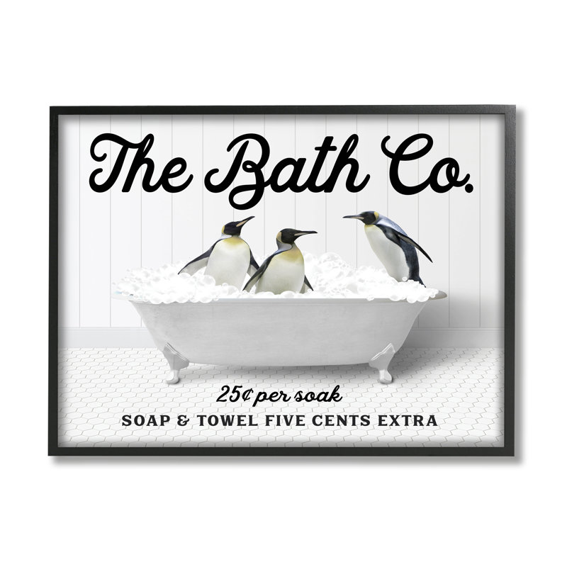 «Bubble Bathaign Penguins», conception de giclée encadrée par lettrée et doublée, Giclée encadrée noir minuit