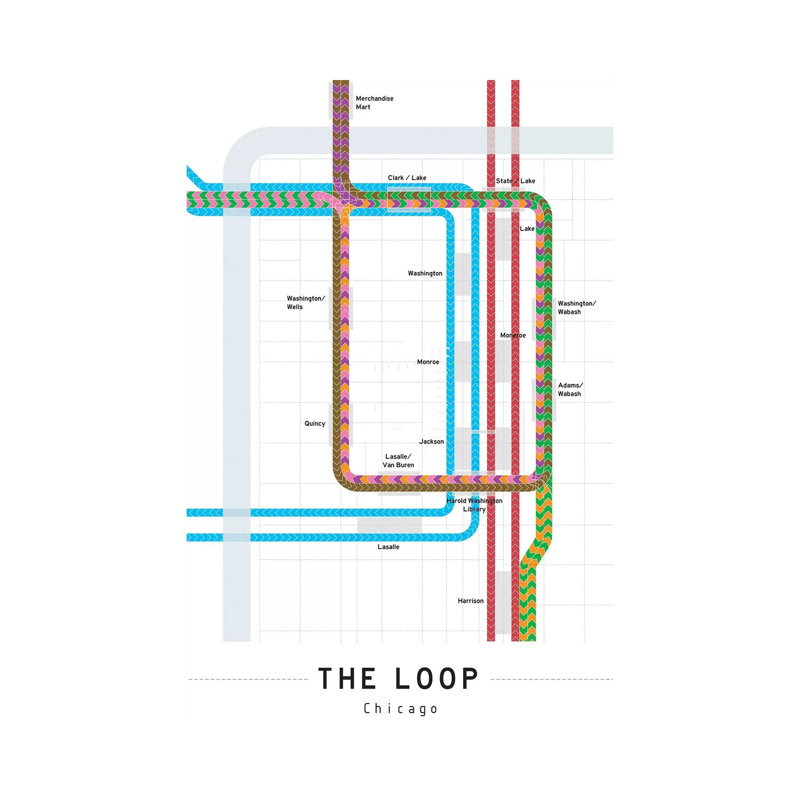 «Chicago Loop Map» par Project Subway NYC - reproduction de dessin sur toile tendue, H 12 po x l 8 po x P 0,75 po