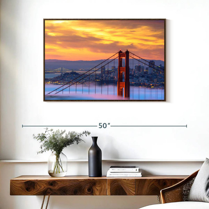 Golden Gate, coucher de soleil sur l'horizon, 37 po x 25 po, Cadre flottant noyer