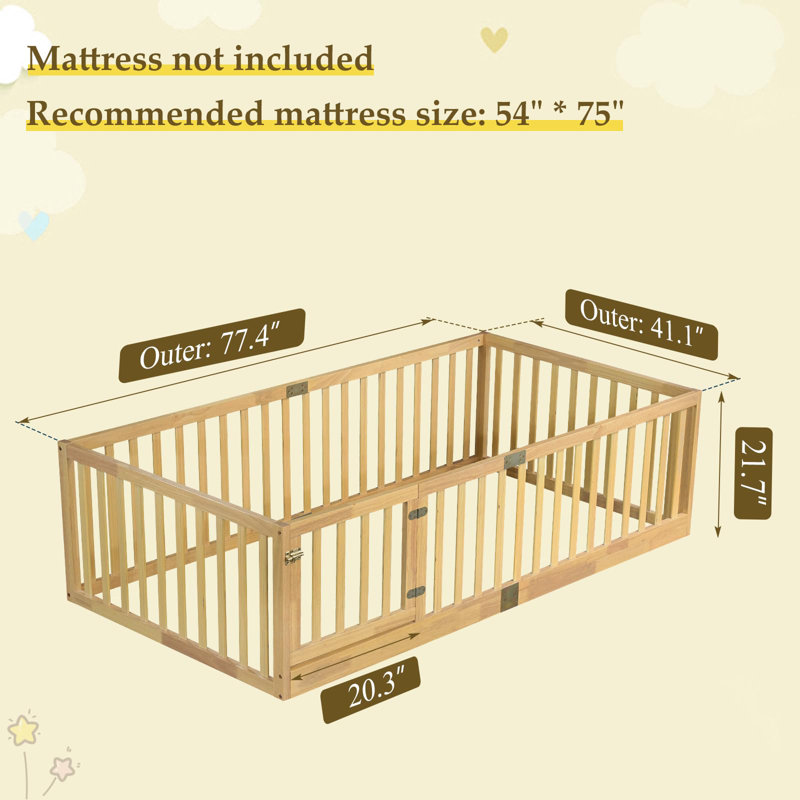 Floor Bed With High Rails And Convertible Door,solid Wood Cama Montessori Bed Without Slats, Beige, Twin