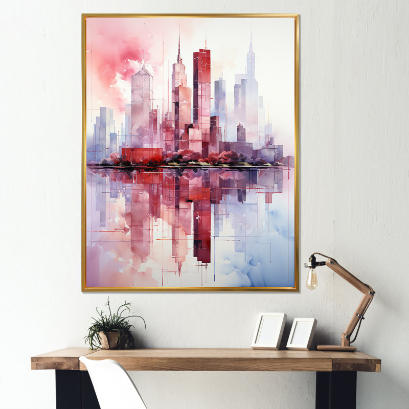 Rose et bleu gratte-ciel New York City II - gratte-ciel, art mural, Cadre flottant doré, H 40 po x l 30 po
