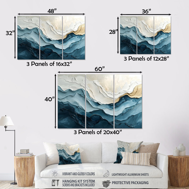 Ensemble 2 pièces d'art mural «White and Blue Marble Wave II», Métal métal, H 40 po x l 60 po x P 1 po