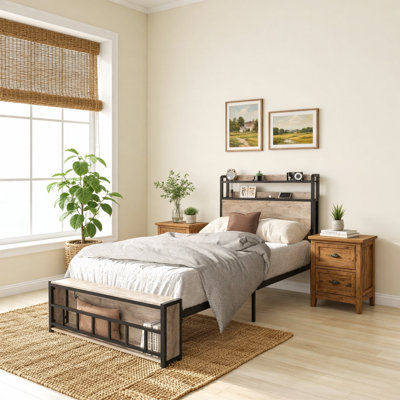 Twin Bed Frames , Headboard And Charging Station & LED Light For Bedroom, Solid And Stable, Noise Free, No Box Spring Needed, Easy Assembly
