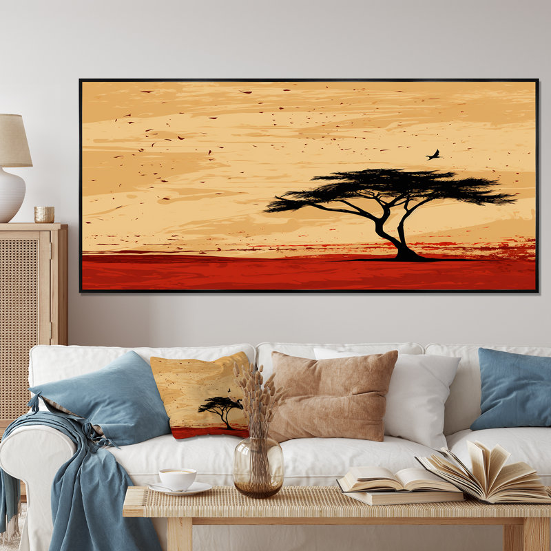 Arbre africain harmonieux 1 - Art mural africain, Cadre flottant noir, H 28 po x l 60 po x P 1,5 po