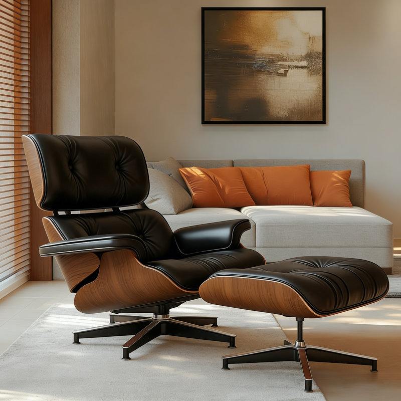 Genuine Leather Swivel Lounge Chair With Ottoman, Walnut, Black