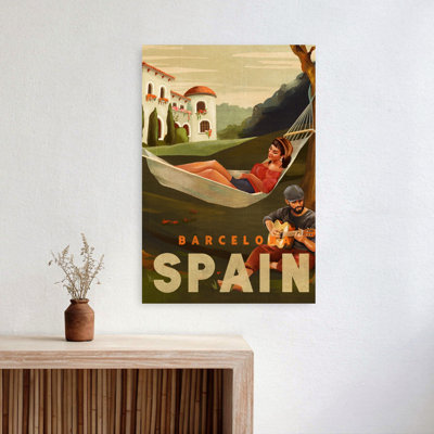 Art de voyage de joueur de guitare de Barcelone, Espagne, paysage romantique serein paisible