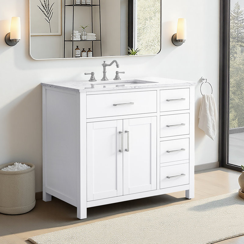Ensemble de meuble-lavabo simple 36 po avec plateau en marbre Tremolo, Nickel poli / blanc