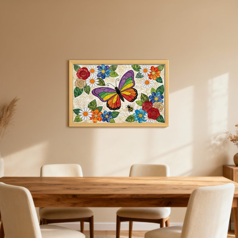 Animaux, papillon, fleurs, feuilles, abeille, motif de jardin coloré, H 16 po x l 24 po, Toile tendue, Ne s’applique pas