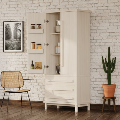 70Inch Tall Wooden Pantry Lilliam with Adjustable Shelf, 6 Door Compartments and 3 Full-Extension Drawers for Smart Kitchen Storage.