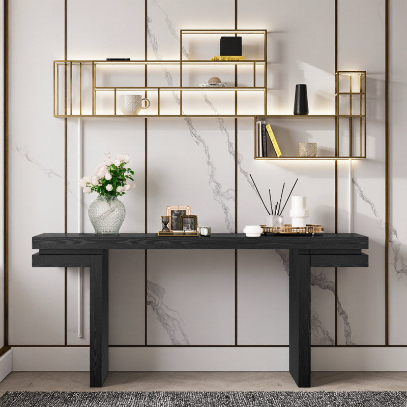 Spacious Minimalist Console Table - Real Wood Veneer Entryway Sofa Table with Storage, Black, Black