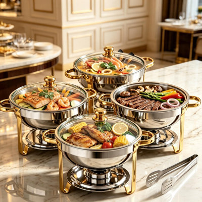 2-Pack 5QT Round Stainless Steel Chafing Dishes with Glass Lids, Gold Frame, Buffet Food Warmers for Catering & Events