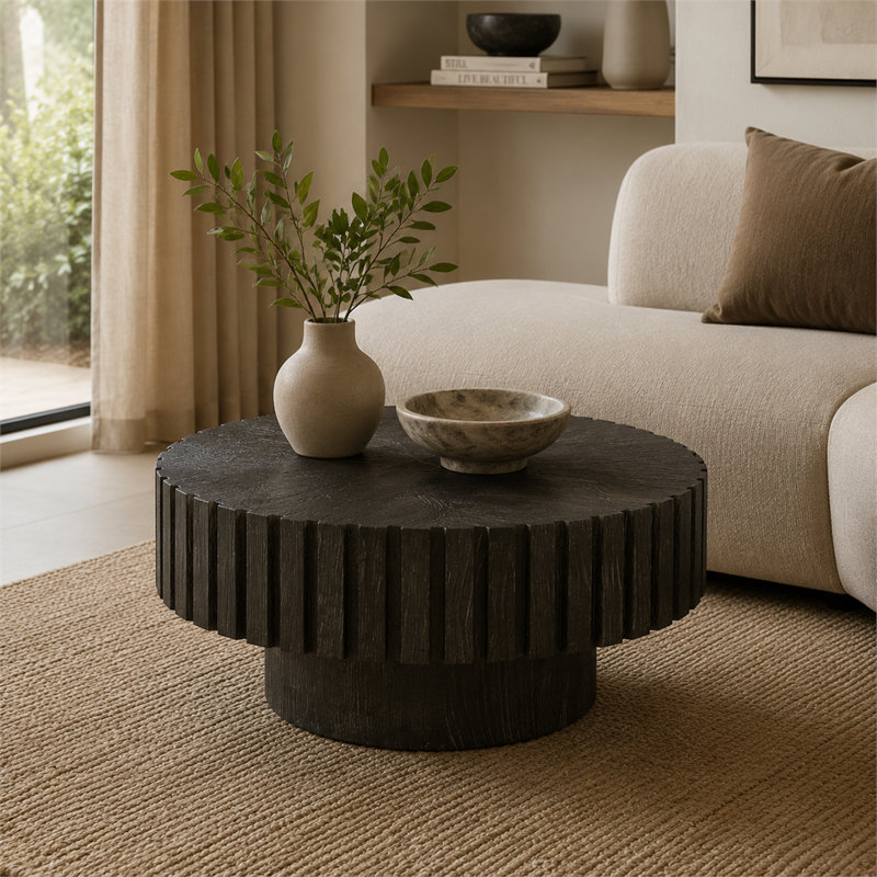 Table basse ronde de 31,4 pouces moderne et minimaliste noire, texture de bois naturel, facile à assembler, convenant à plusieurs espaces, y compris le salon, le bureau et la salle à manger.