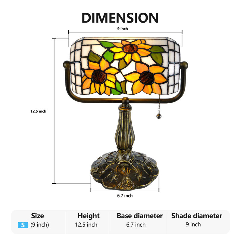 Lampe de bureau Sunflower Tiffany Banker - lumière de piano réglable en verre pur faite à la main avec ampoule DEL 8 W, interrupteur à chaîne, décor rétro pour chambre à coucher, bureau et salon