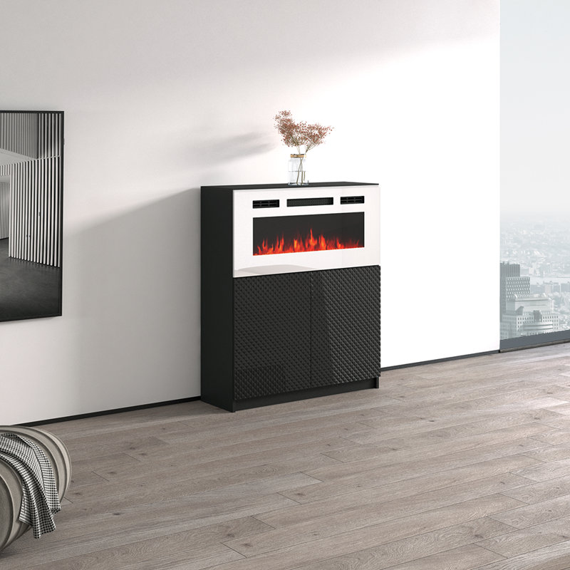 Buffet 40 po avec foyer électrique, finition brillante, Noir / blanc
