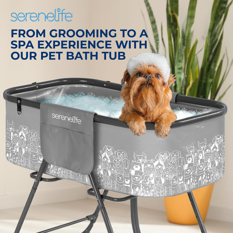 Portable Dog Bath Tub with Two Side Pockets and Built-in Drain System -  Includes Three-Point Leash Restraint (Grey + Black)