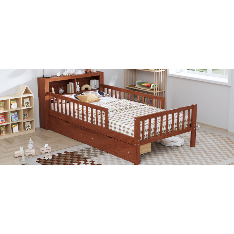 Lit simple avec rangement pour tête de lit en noyer et garde-corps pour plus de sécurité, Noyer