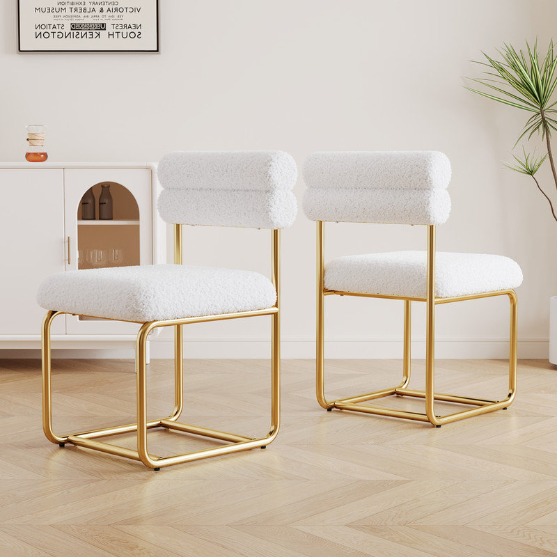 Ensemble de 2 chaises de salle à manger en peluche avec coussins circulaires et pieds en fer forgé