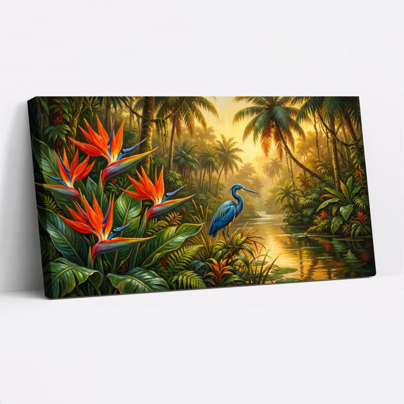 Ensemble de 1 tableau sur toile représentant un paradis tropical avec des fleurs d'oiseau de paradis et un héron bleu, 4020