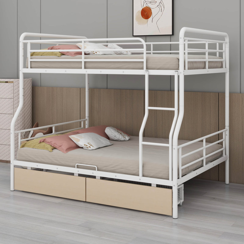 Metal Full XL Over Queen Bunk Beds With Storage, Heavy-Duty Full Over Queen Bunk Bed With 2 Drawers, White