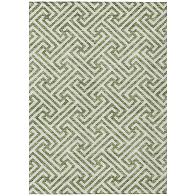 3' X 5' Green And Beige Geometric Washable Indoor Outdoor Area Rug