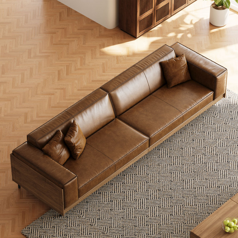 111.81" Solid wood frame sofa-Medieval Modern Leather Sofa With 3 Pillow. Brown