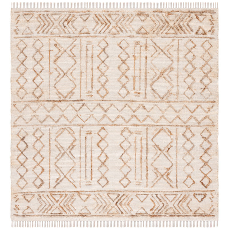 Tapis en jute / coton tissé à la main de couleur naturelle Karlena, Carré 6 pi