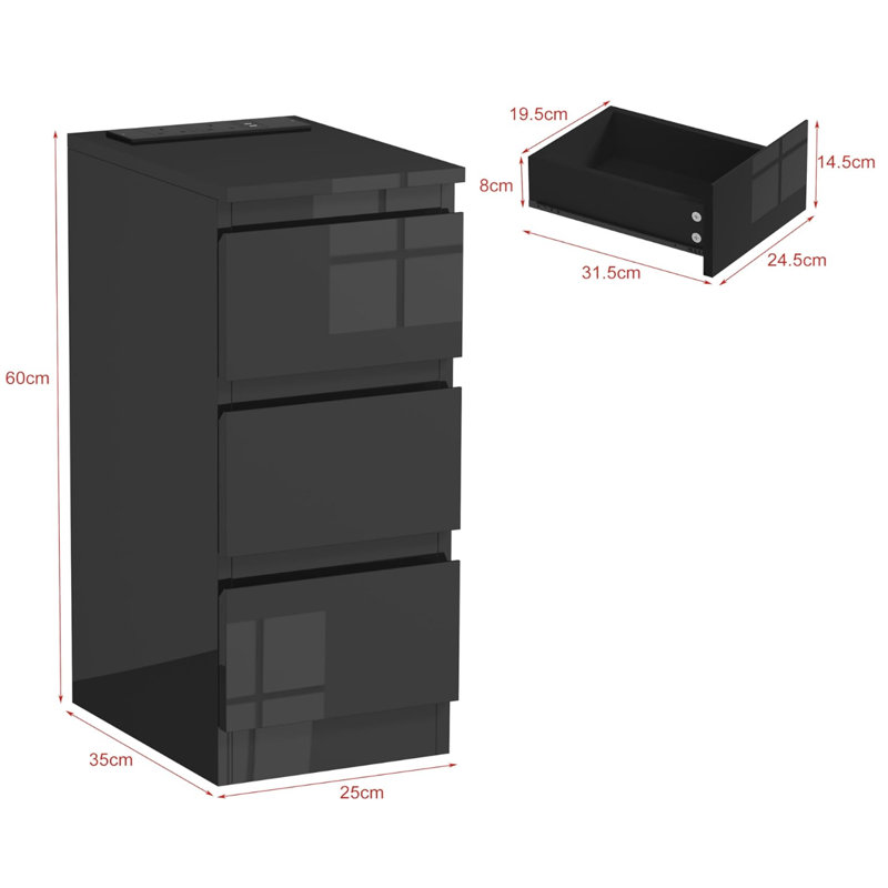 35 cm W Bedside Table, High gloss black 3 drawers