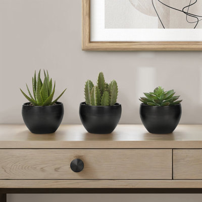 Artificial Succulent Plants Set of 3, 5.75" Tall, Green Faux Indoor Decor in Black Melamine Pots, Tabletop Greenery for Home Office