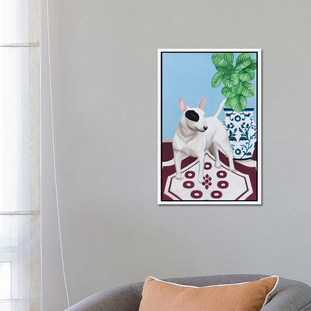 Englischer Bullterrier mit Pflanze von Sally B - Galerie-umwickelte Leinwand Giclée auf Leinwand