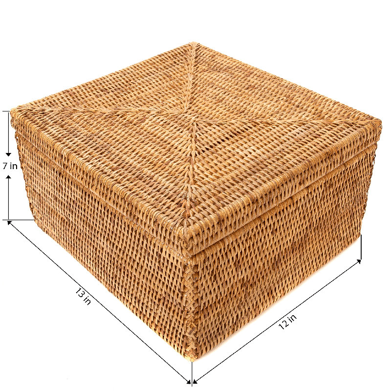 Handmade Honey Brown Rattan Storage Box with Removable Lid