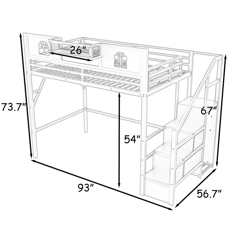 Metal Loft Bed with LED Light, Wardrobe, Shelves and USB Ports, Full
