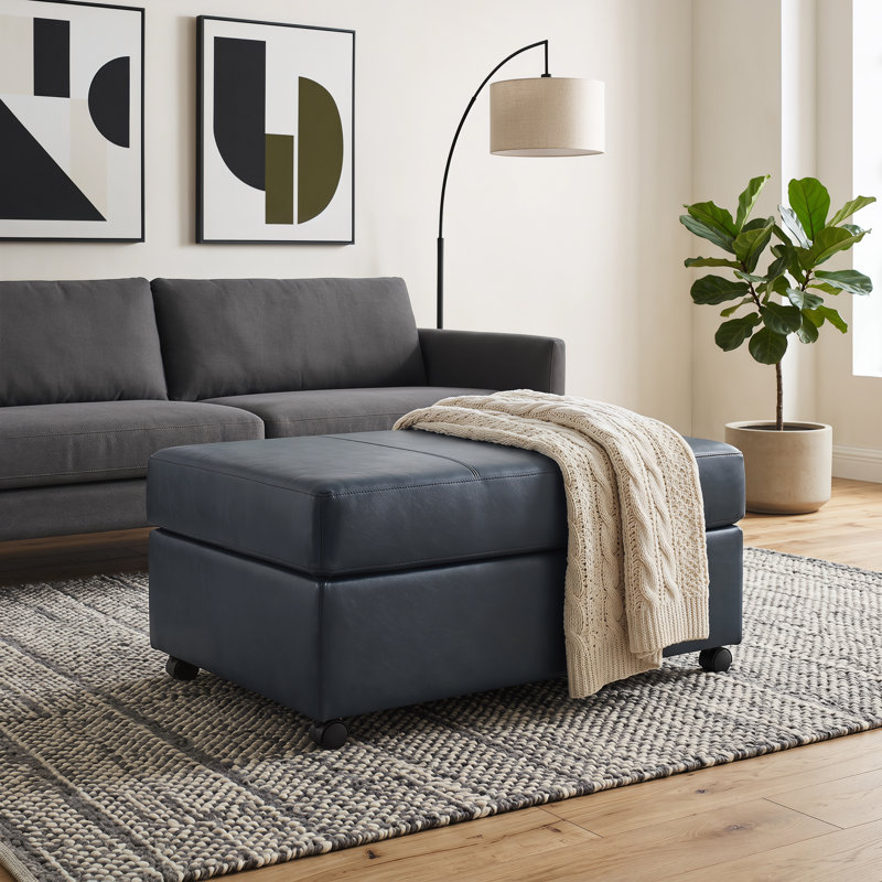 Latitude Run® Caro Leather Upholstered Ottoman, Blue