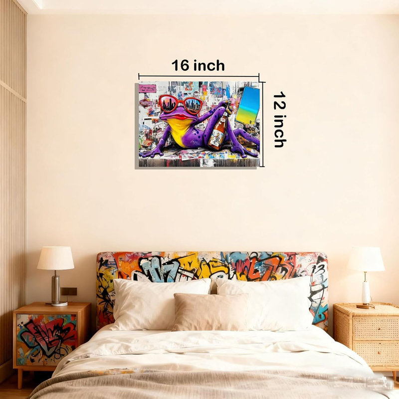 12x16 Urban Graffiti Purple Frog with Sunglasses Wall Art Canvas Painting Gallery Pop Art Street Artwork Decor Teen Little Boys Room Pictures Kids Bedroom Men Office Living room Framed Posters