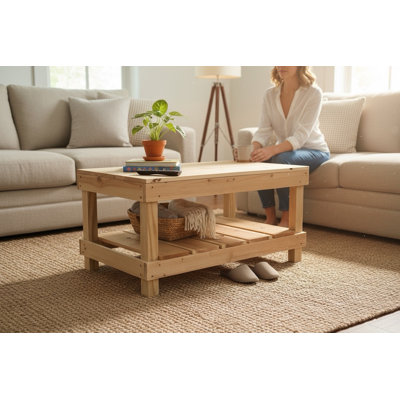 Farmhouse Rustic Wood Living Room Coffee Table with Shelf
