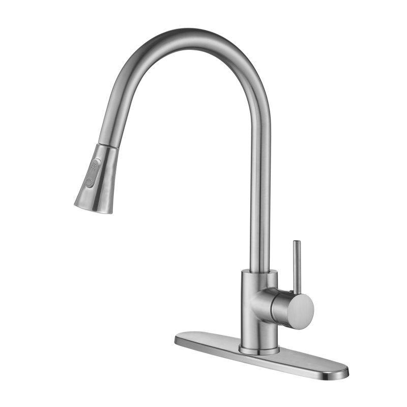 Robinet de cuisine à poignée simple DAX avec douchette double, nickel brossé