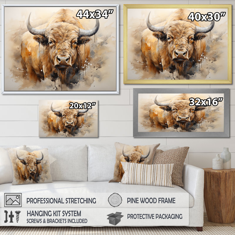 Minimalisme, portrait de bison sur toile, Noir, H 34 po x l 44 po x P 1,5 po