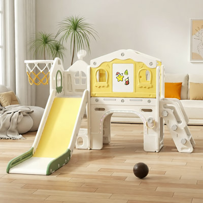 Glissoire 11 en 1 pour tout-petits, glissade intérieure pour tout-petits de 1 à 3 ans, aire de jeux intérieure pour tout-petits avec planche à dessin, anneau à lancer, panier de basketball et rangement