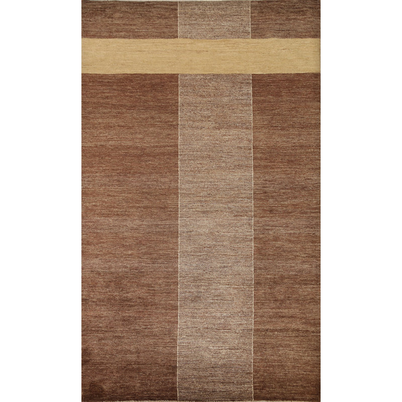 Tapis brun en laine noué à la main de conception unique 5 pi 7 po x 8 pi New Age