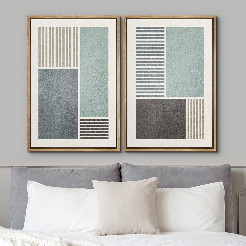 Geometric Line Minimalist Blue And Gray Rectangle And Line Abstract Shapes Modern Chic On Canvas 2 Pieces Print